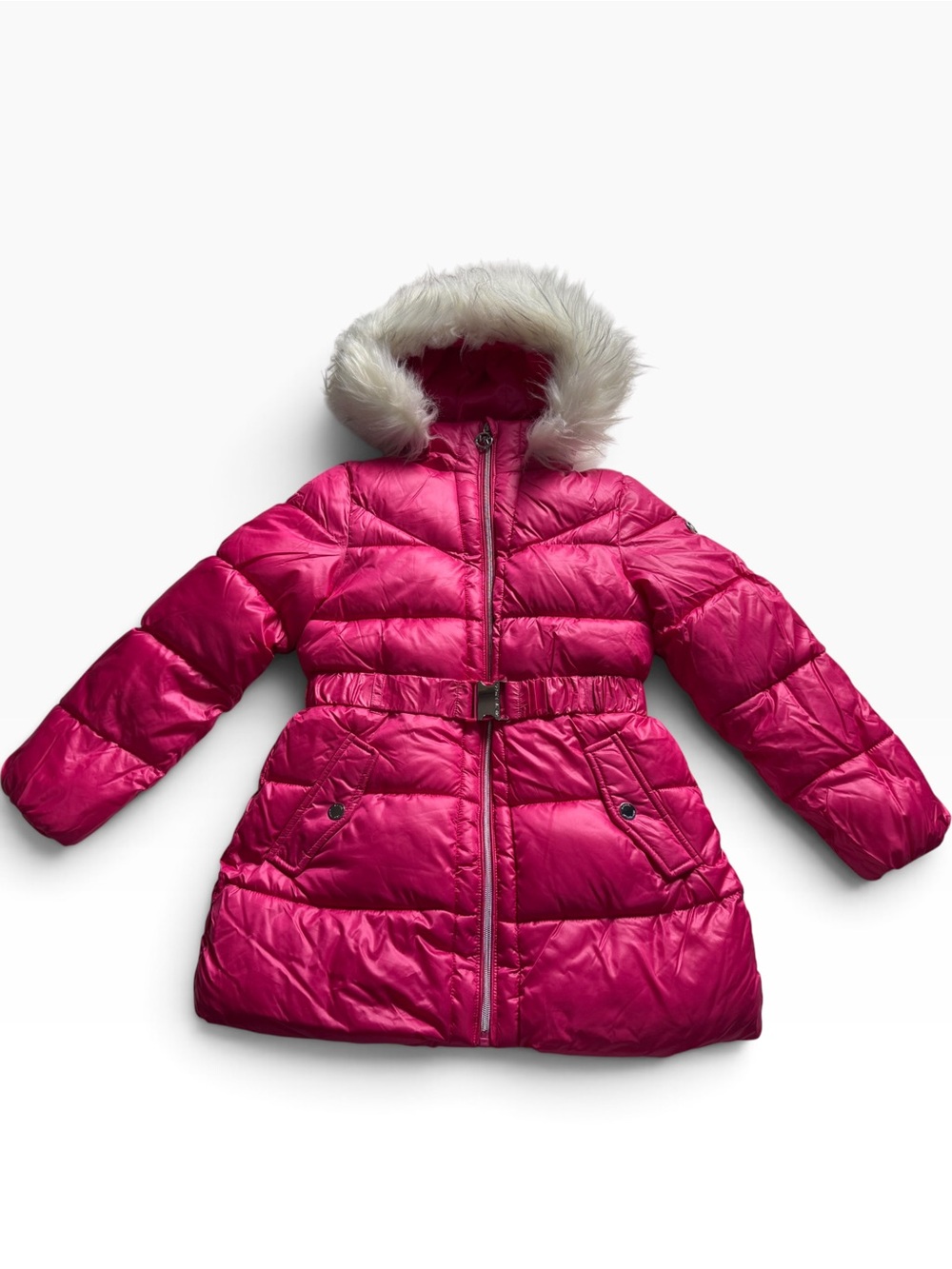 Michael Kors Girls Pink Belted Puffer Coat Faux Fur Hood Winter Jacket Sz 10/12
